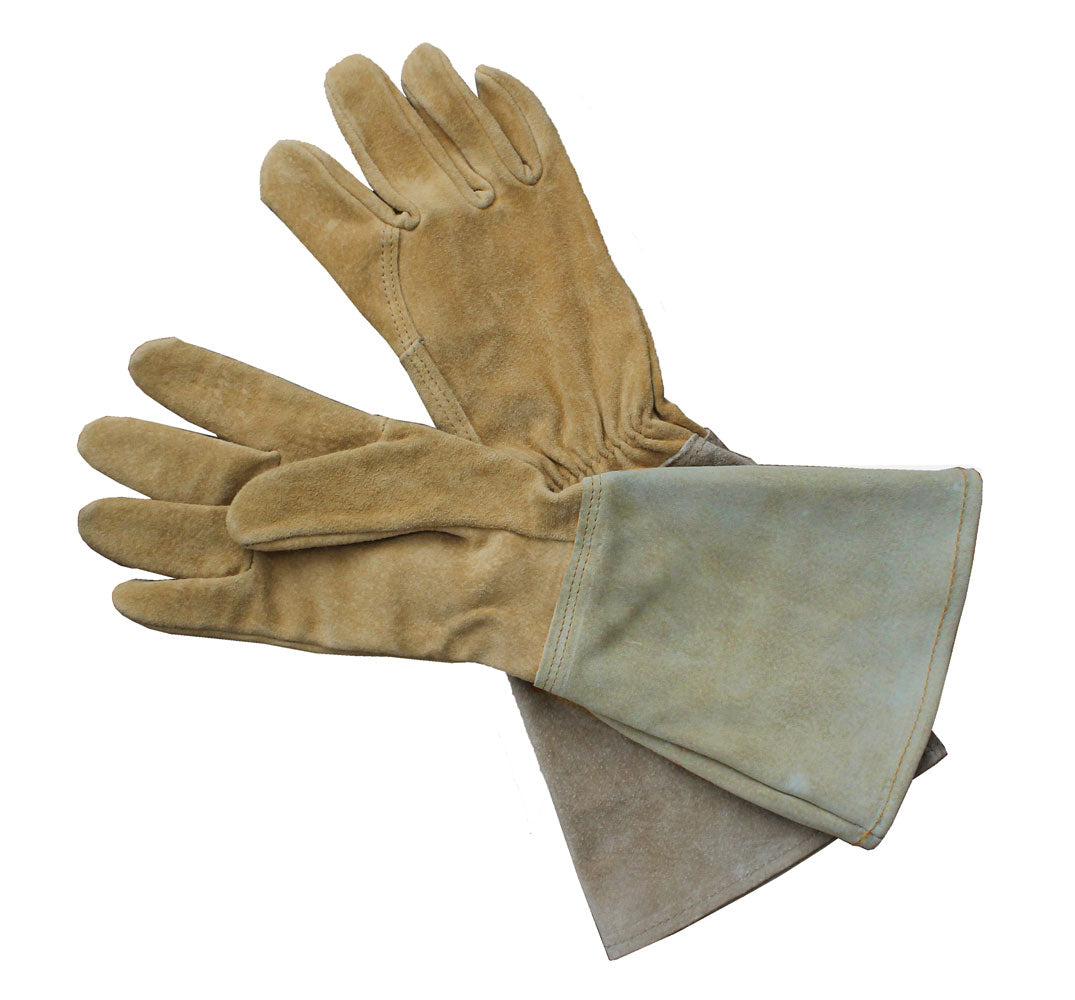 Manswork all-leather gauntlet gloves pair, tan suede with long cuffs on Tampa Home & Garden Store