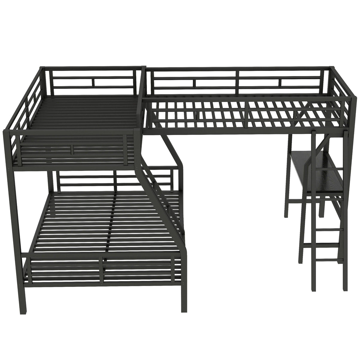 Twin over full bunk bed with loft and desk in black metal, L-shaped 3-sleeper design HouseOfZazla on Tampa Home & Garden Store