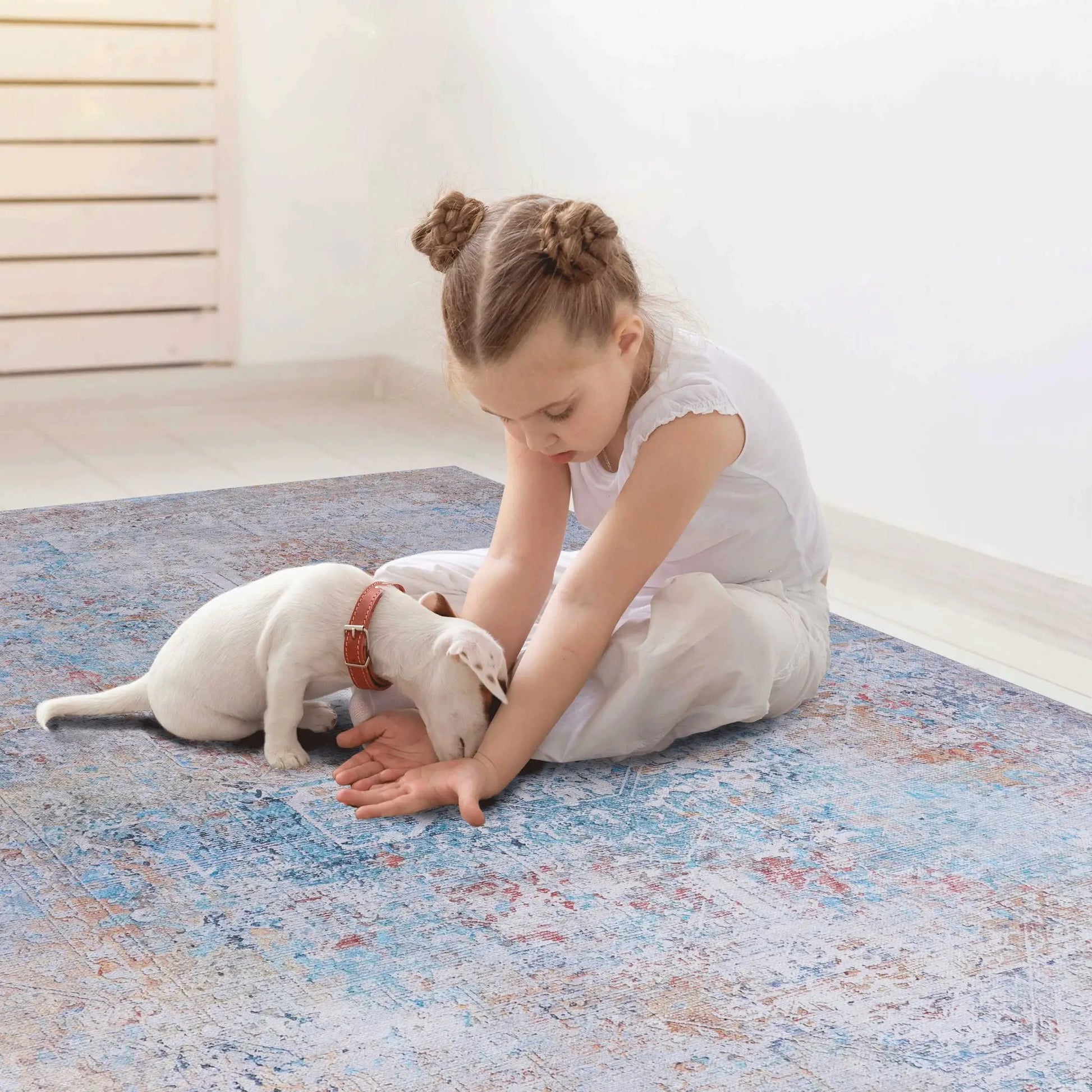 Maval Area Rug Washable in blue abstract pattern by Unique Piece Furniture with a child and dog on rug on Tampa Home & Garden Store