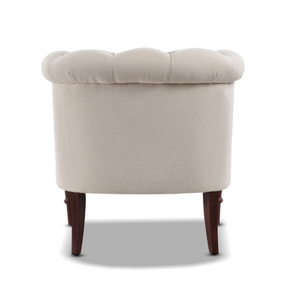 Tufted Accent Chair with Barrel Back in yellow fabric, dark wood legs on Tampa Home & Garden Store