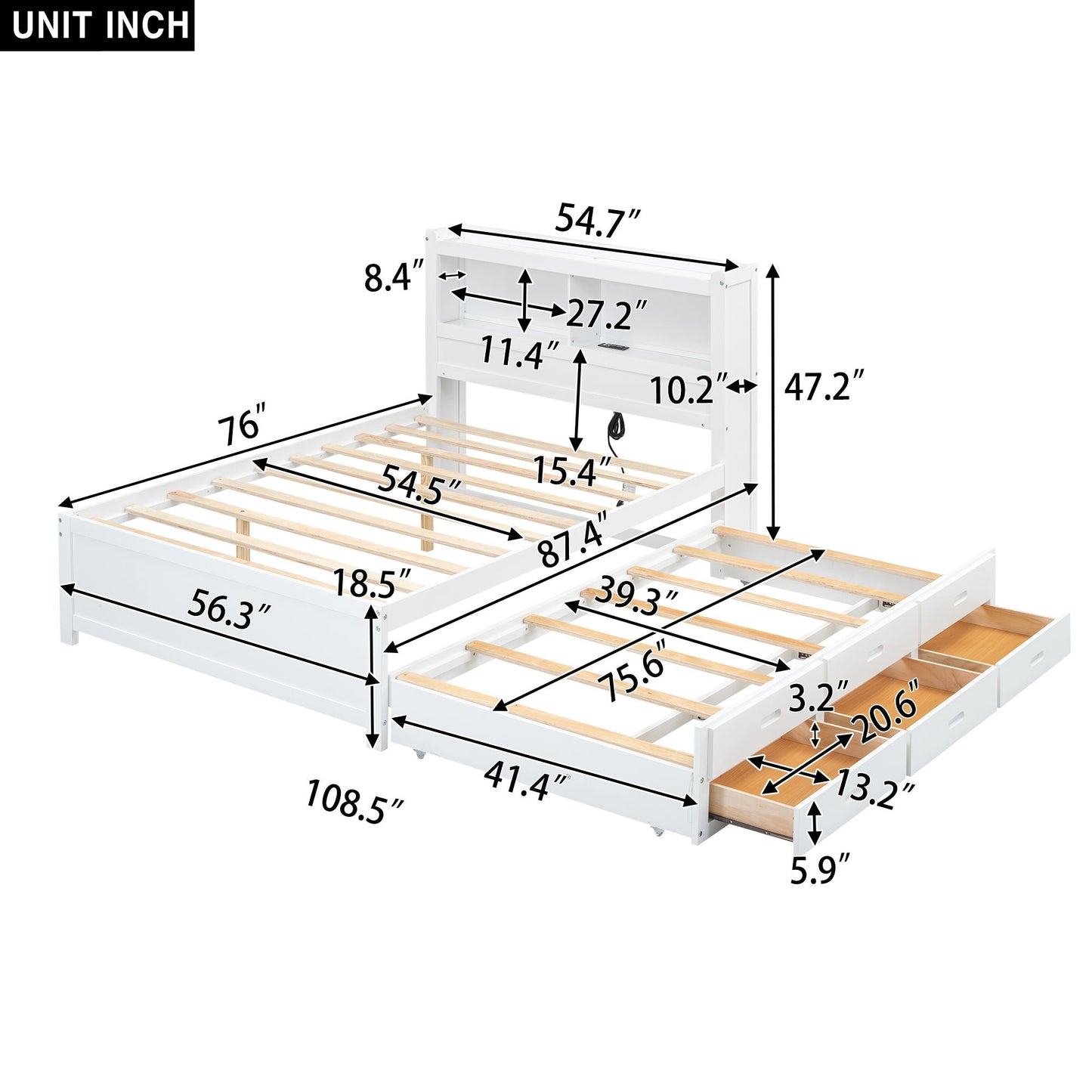 Full-size platform bed with trundle, drawers, USB ports and shelves in white by HouseOfZazla on Tampa Home & Garden Store