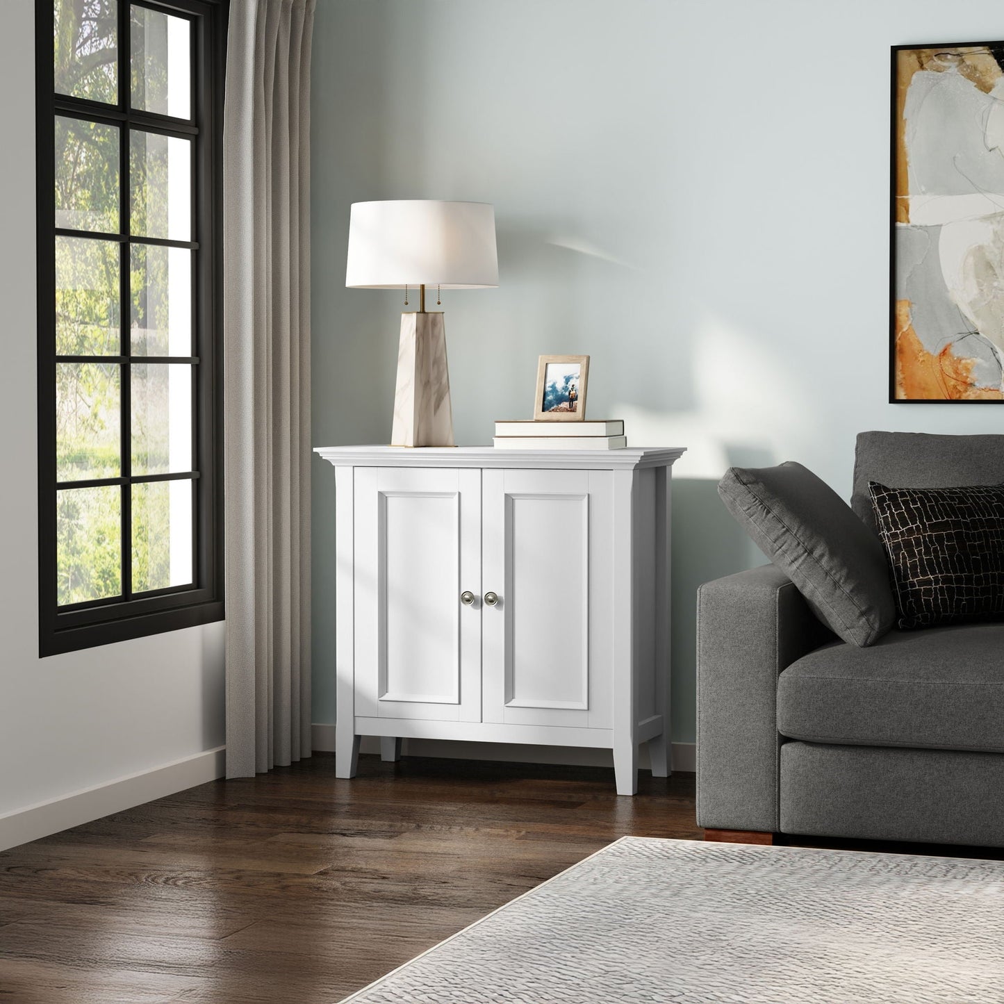 Amherst handcrafted low storage cabinet white paneled doors accent cabinet in a stylish room on Tampa Home & Garden Store