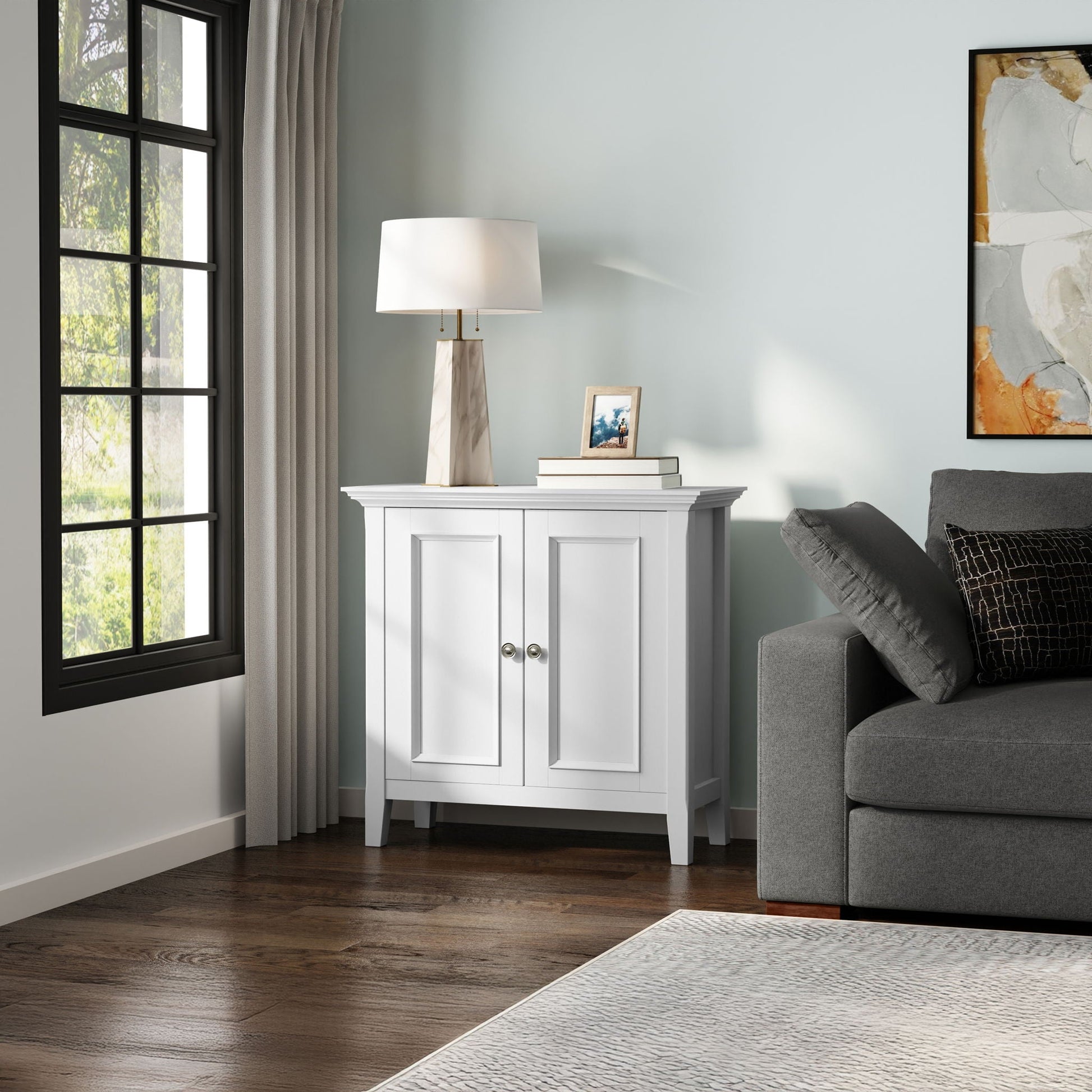 Amherst handcrafted low storage cabinet white paneled doors accent cabinet in a stylish room on Tampa Home & Garden Store