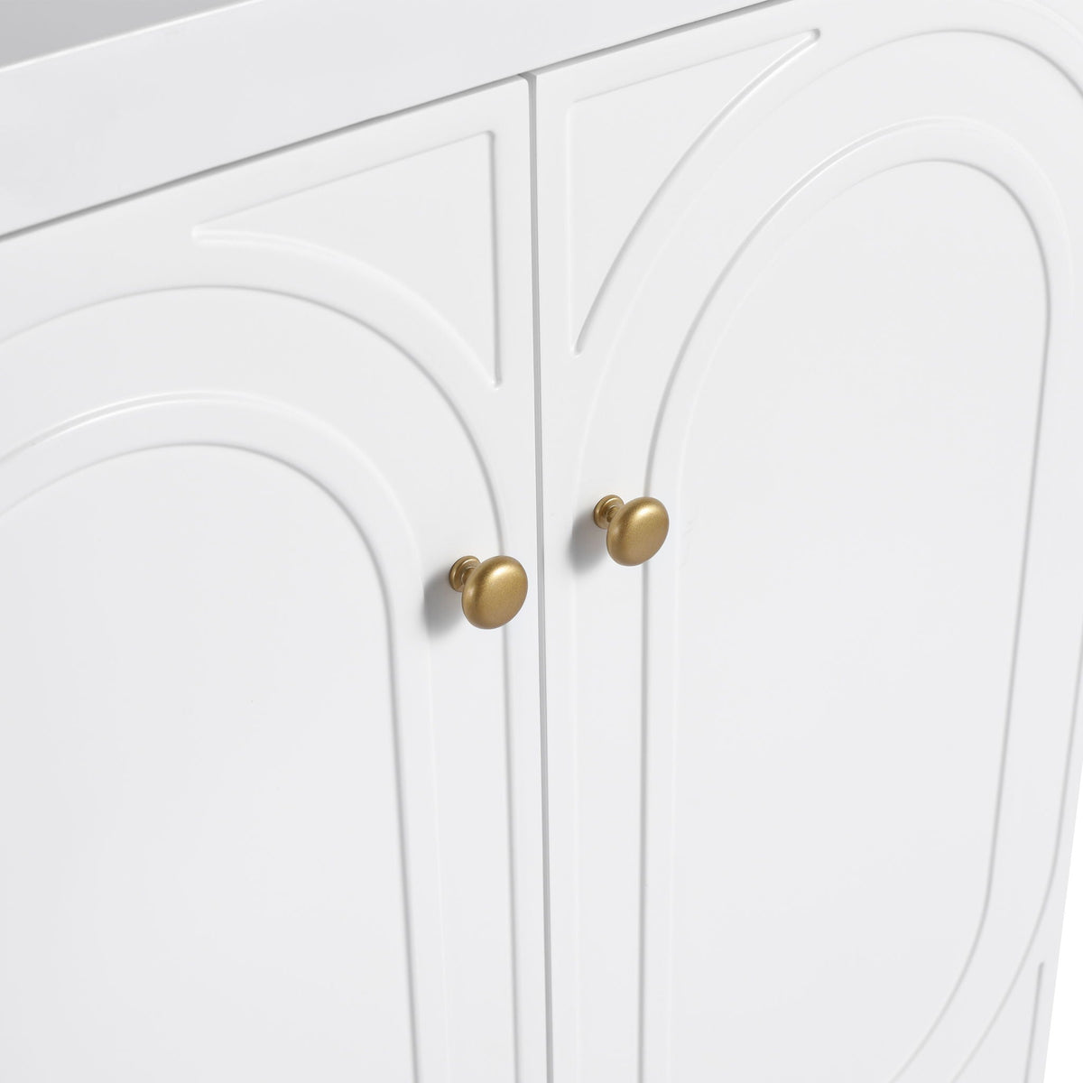 Freestanding vanity by HouseOfZazla, white finish with brass knobs and soft-close doors on Tampa Home & Garden Store