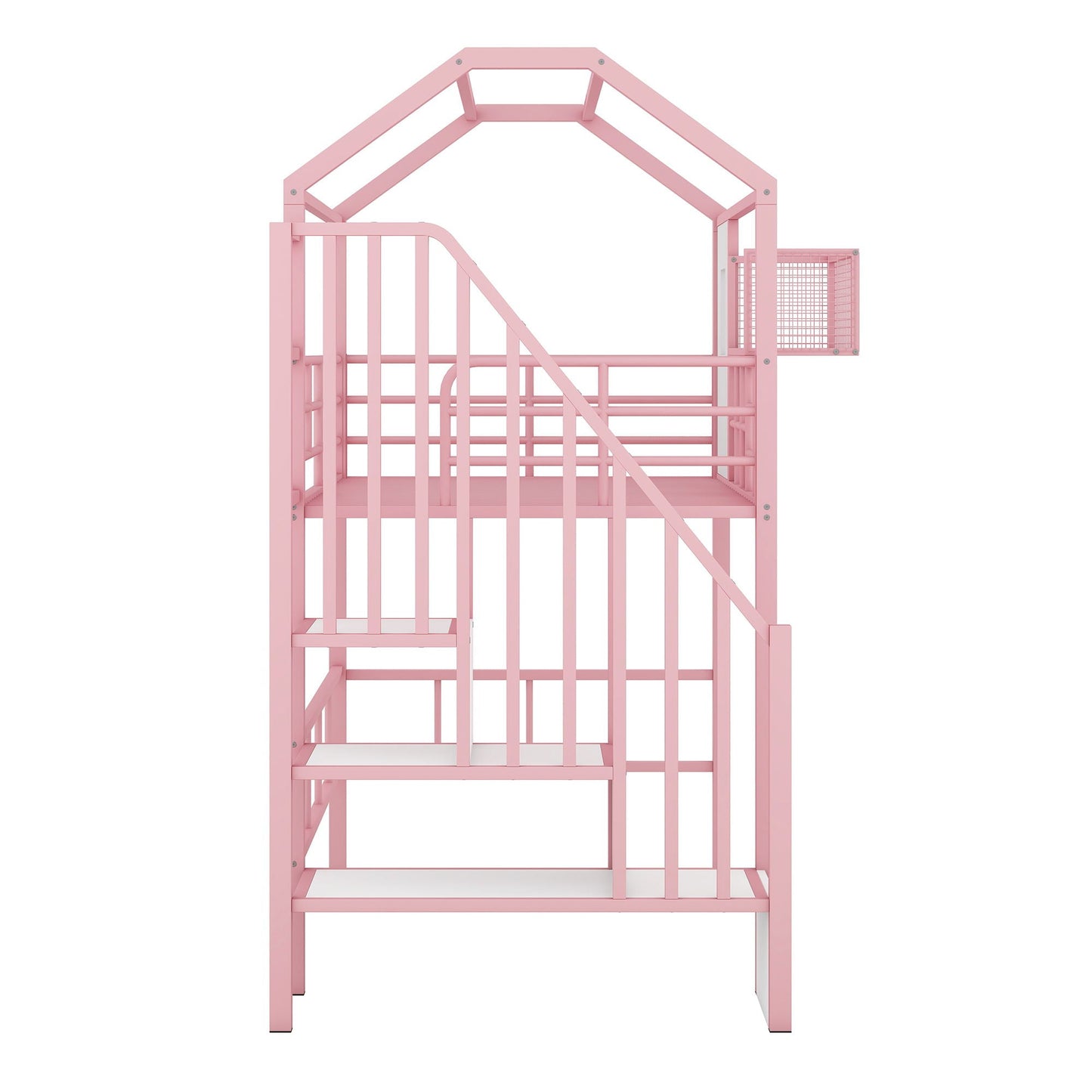 Metal loft bed HouseOfZazla pink with roof, guardrails, ladder and storage box on Tampa Home & Garden Store
