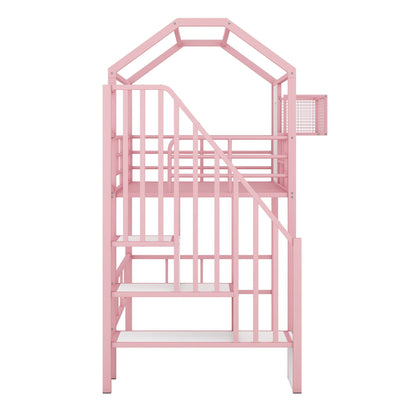 Metal loft bed HouseOfZazla pink with roof, guardrails, ladder and storage box on Tampa Home & Garden Store