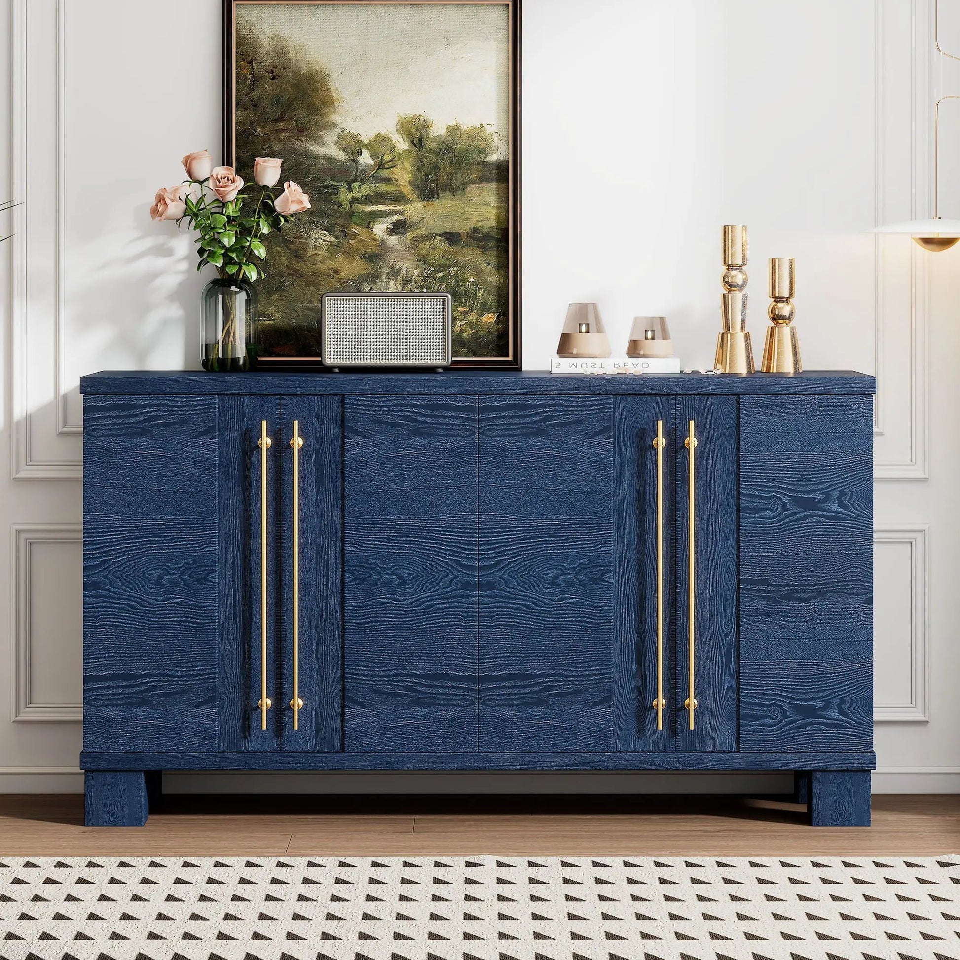 Sideboard with adjustable shelves in dark blue woodgrain finish with gold hardware on Tampa Home & Garden Store