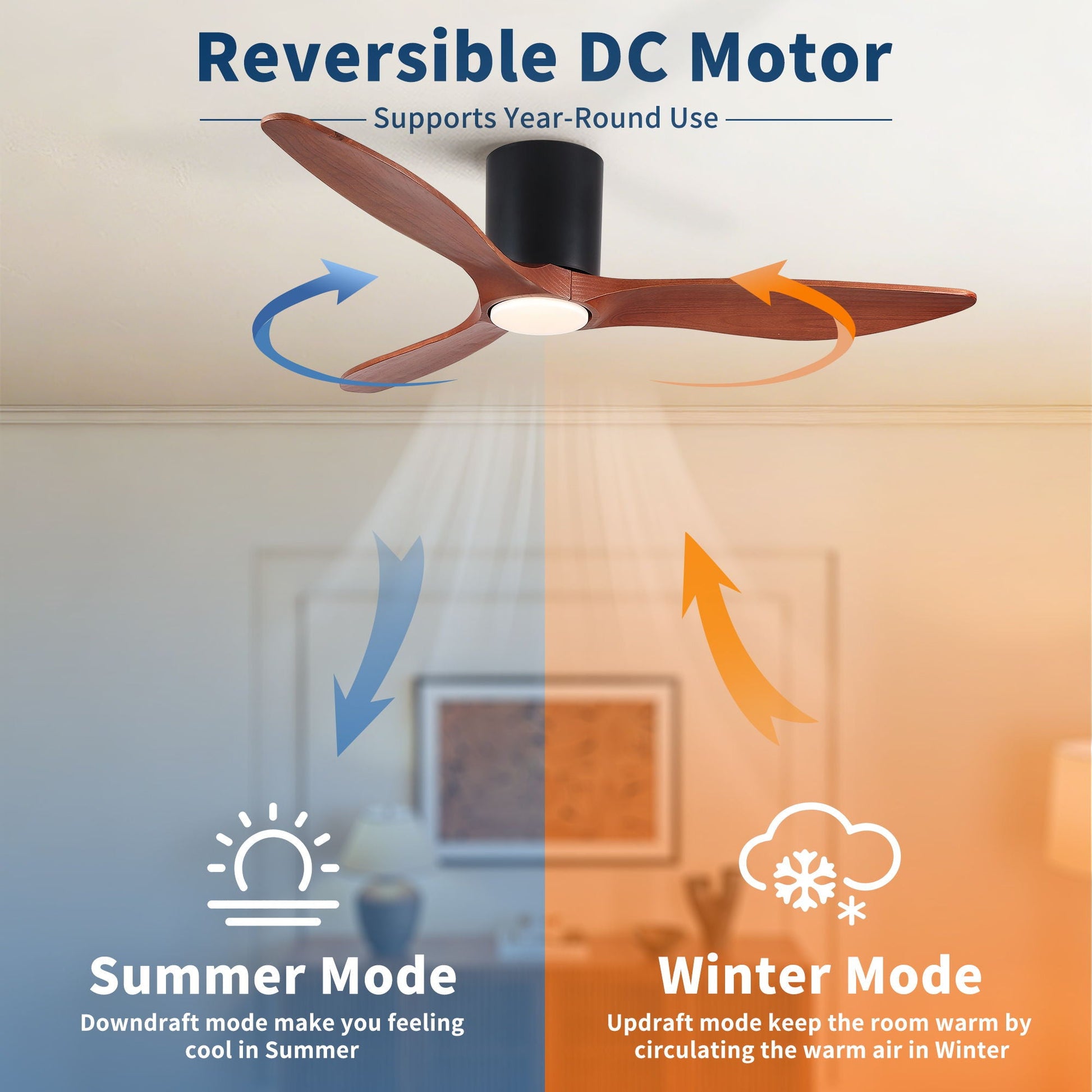 Low profile flush mount ceiling fan with light, matte black reversible motor and wood blades on Tampa Home & Garden Store