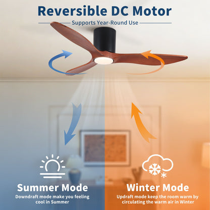 Low profile flush mount ceiling fan with light, matte black reversible motor and wood blades on Tampa Home & Garden Store