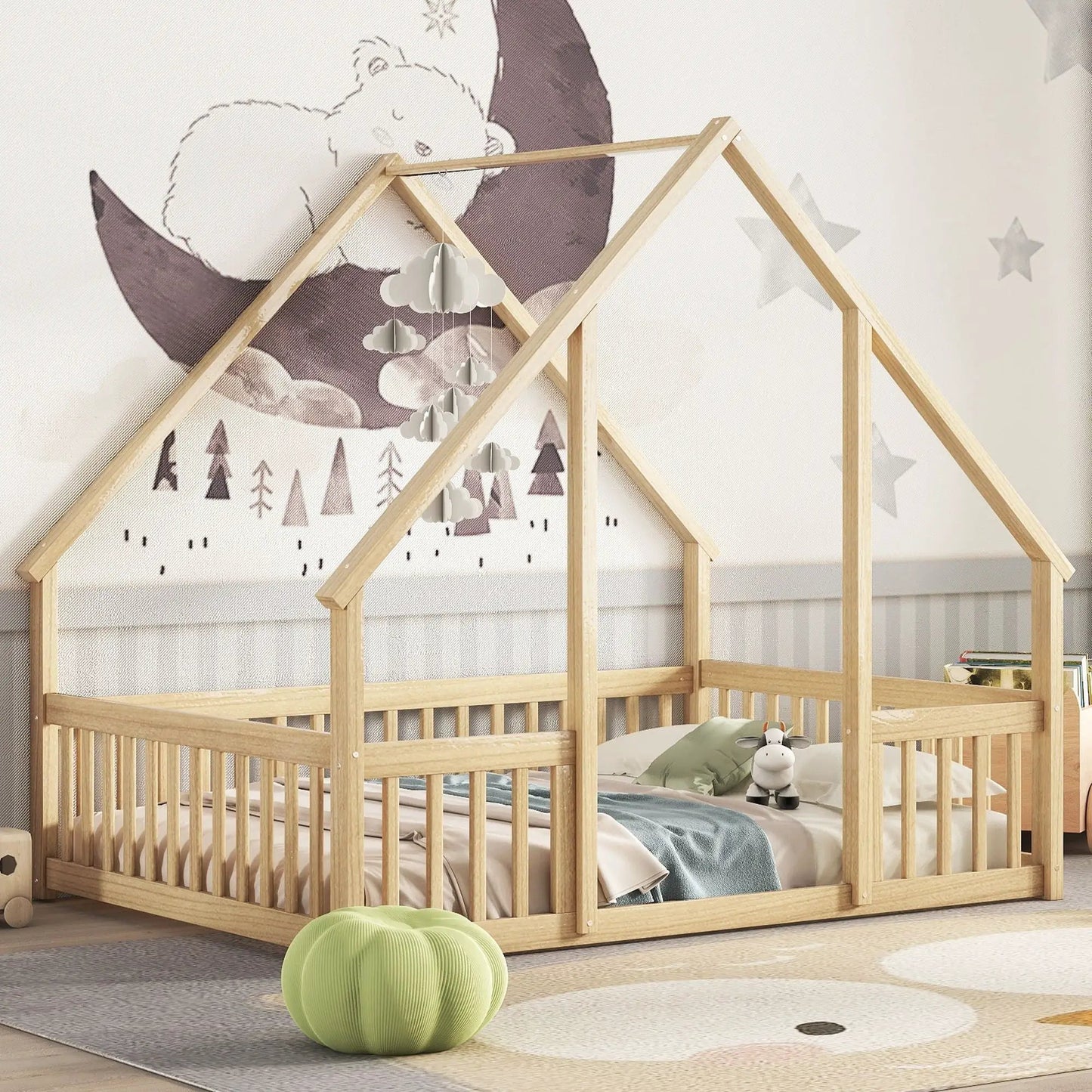 Wooden house-shaped toddler bed with fence and guardrails in natural pine on Tampa Home & Garden Store