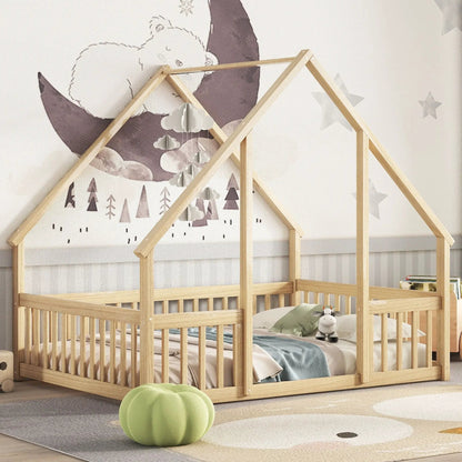 Wooden house-shaped toddler bed with fence and guardrails in natural pine on Tampa Home & Garden Store