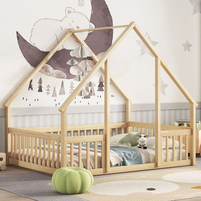 A Wood House Floor Bed with Guardrail Fence