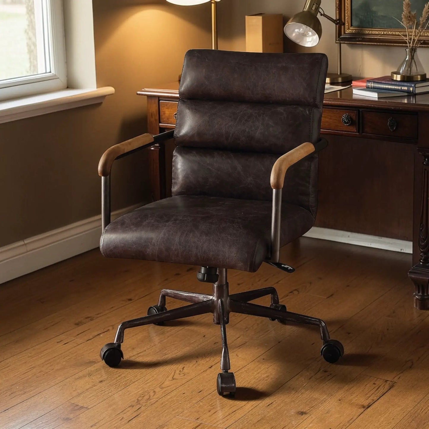 Harith retro top grain office chair dark brown leather swivel chair with metal base on Tampa Home & Garden Store