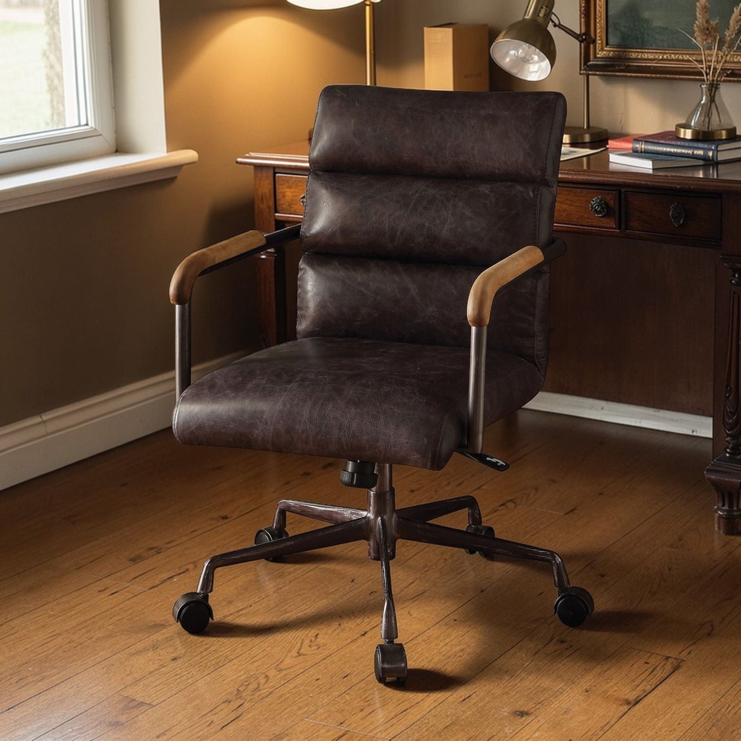 Harith Retro Top Grain Office Chair dark brown leather with wood armrests and swivel base on Tampa Home & Garden Store