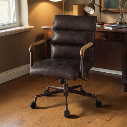 Harith Retro Top Grain Office Chair dark brown leather with wood armrests and swivel base on Tampa Home & Garden Store