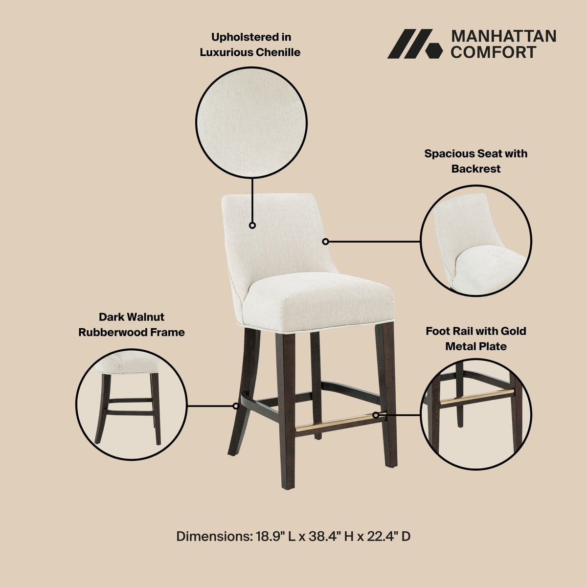 Upholstered counter stool with backrest and footrest in beige fabric, dark walnut rubberwood frame on Tampa Home & Garden Store