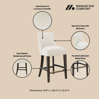 Upholstered counter stool with backrest and footrest in beige fabric, dark walnut rubberwood frame on Tampa Home & Garden Store