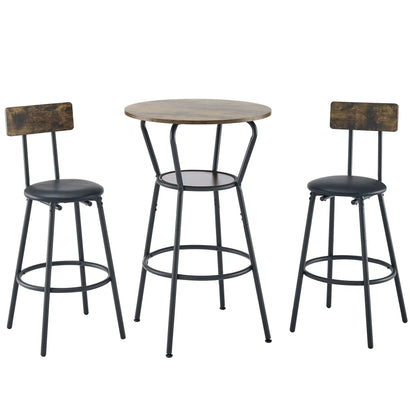 Rustic Brown Bar Table and Stool Set with Shelf