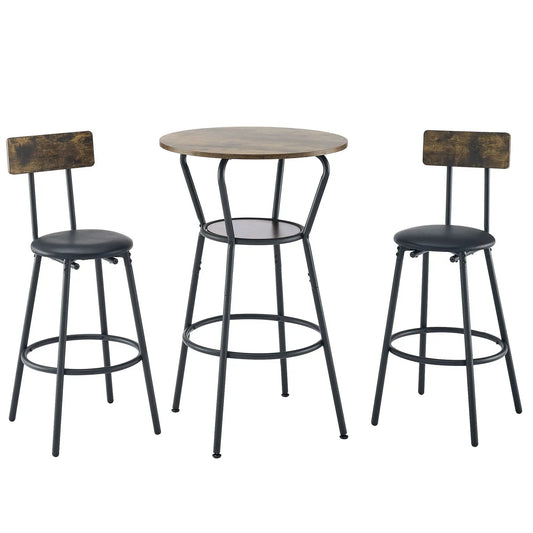 Rustic brown round bar table with shelf and two upholstered backrest stools on Tampa Home & Garden Store
