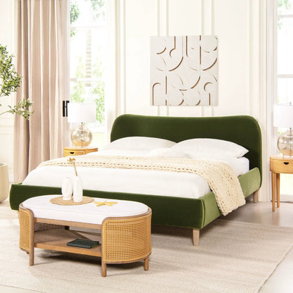 Roman curved headboard upholstered platform bed in green fabric, by Unique Piece Furniture on Tampa Home & Garden Store