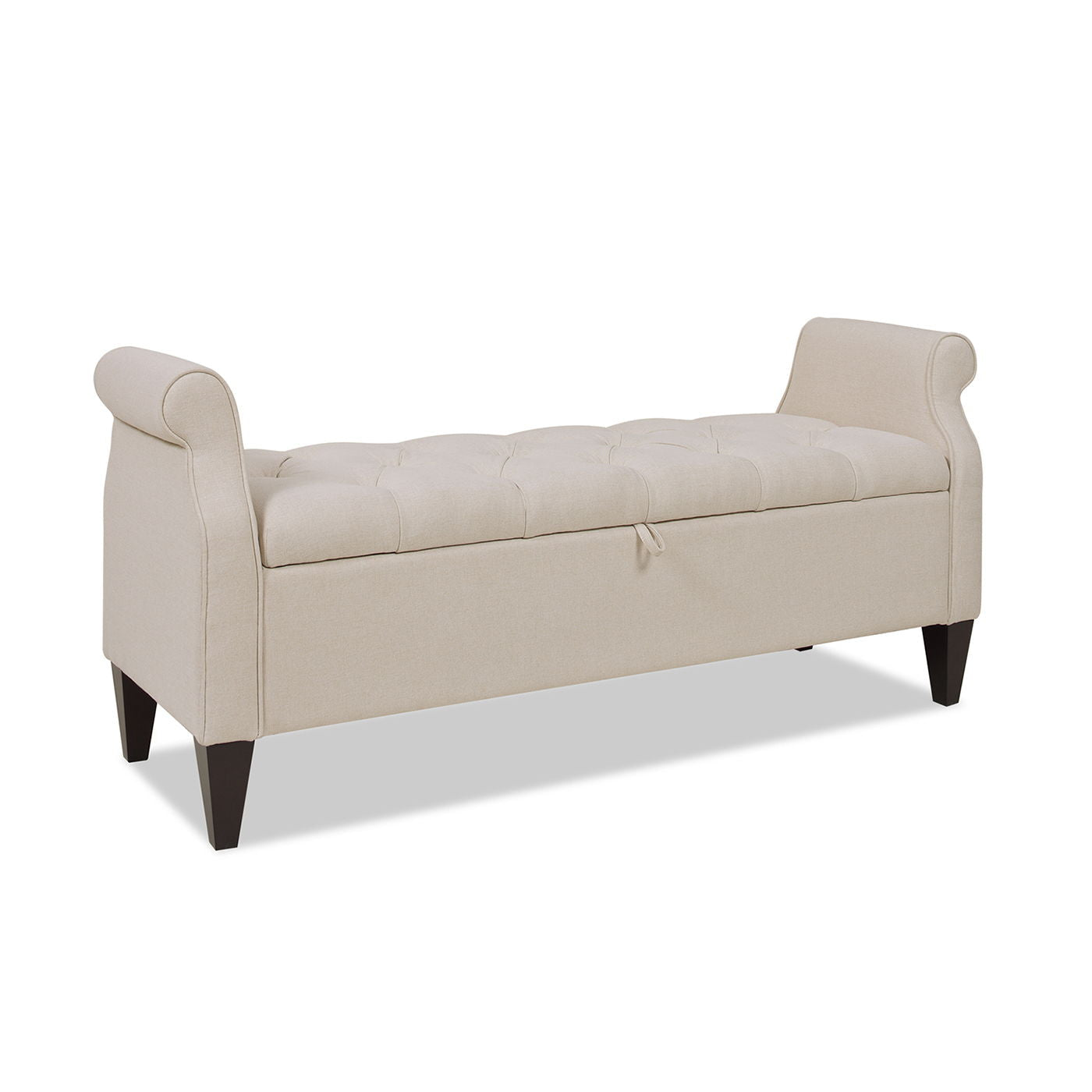 Jacqueline Tufted Roll-Arm Storage Bench in beige upholstery with storage and dark tapered legs on Tampa Home & Garden Store