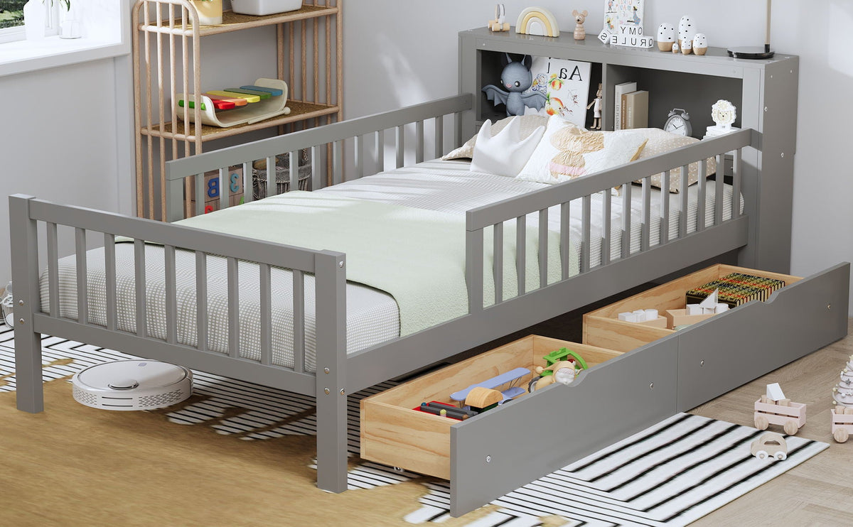 Bed with headboard storage rack in gray, with 2 under-bed drawers and 3 side guardrails on Tampa Home & Garden Store
