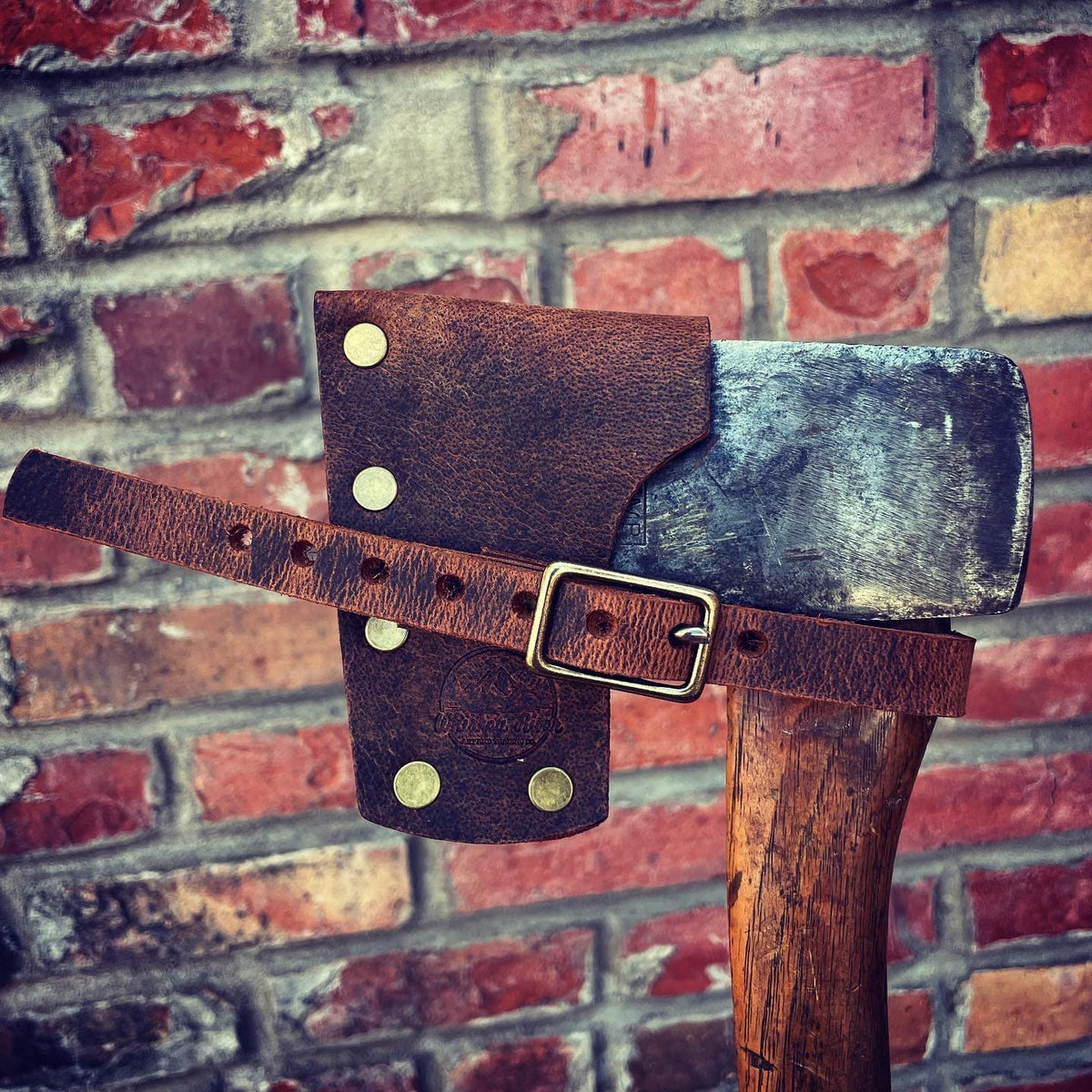 Universal Small Leather Mask brown leather with brass rivets and buckle on axe head on Tampa Home & Garden Store
