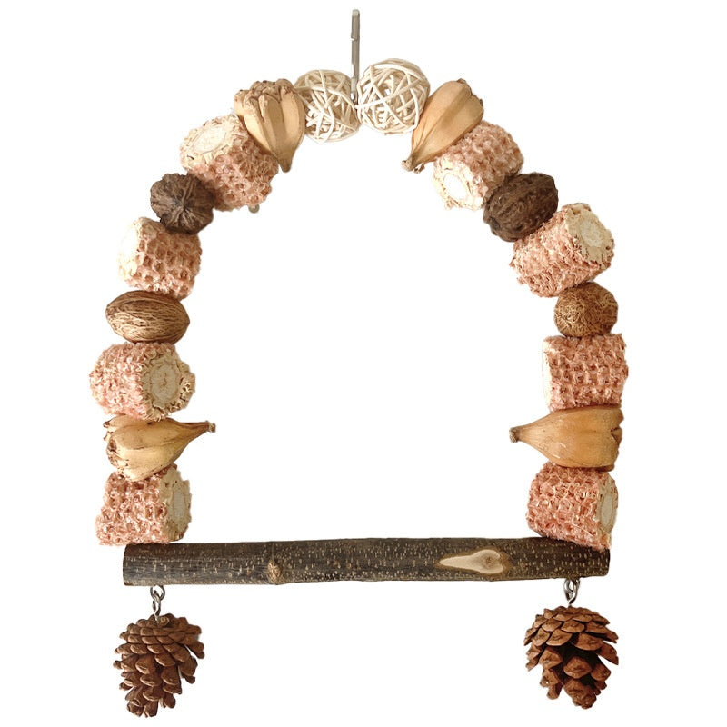 Wooden parrot swing arch on natural log stand with pinecone drops Sell My Stuff on Tampa Home & Garden Store