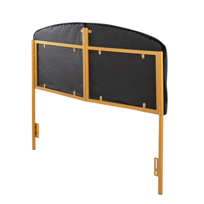 Contemporary Glam upholstered headboard with tufted detail in black fabric and gold frame on Tampa Home & Garden Store