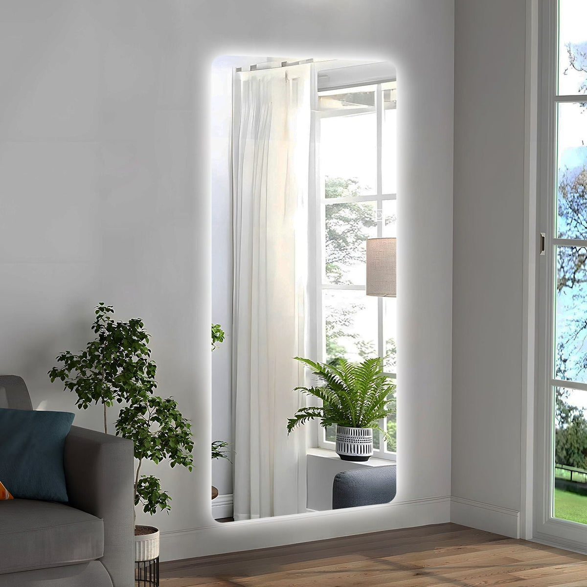 Wall Mounted Full Body Mirror with Dimming Lights in silver by HouseOfZazla backlit edges on Tampa Home & Garden Store