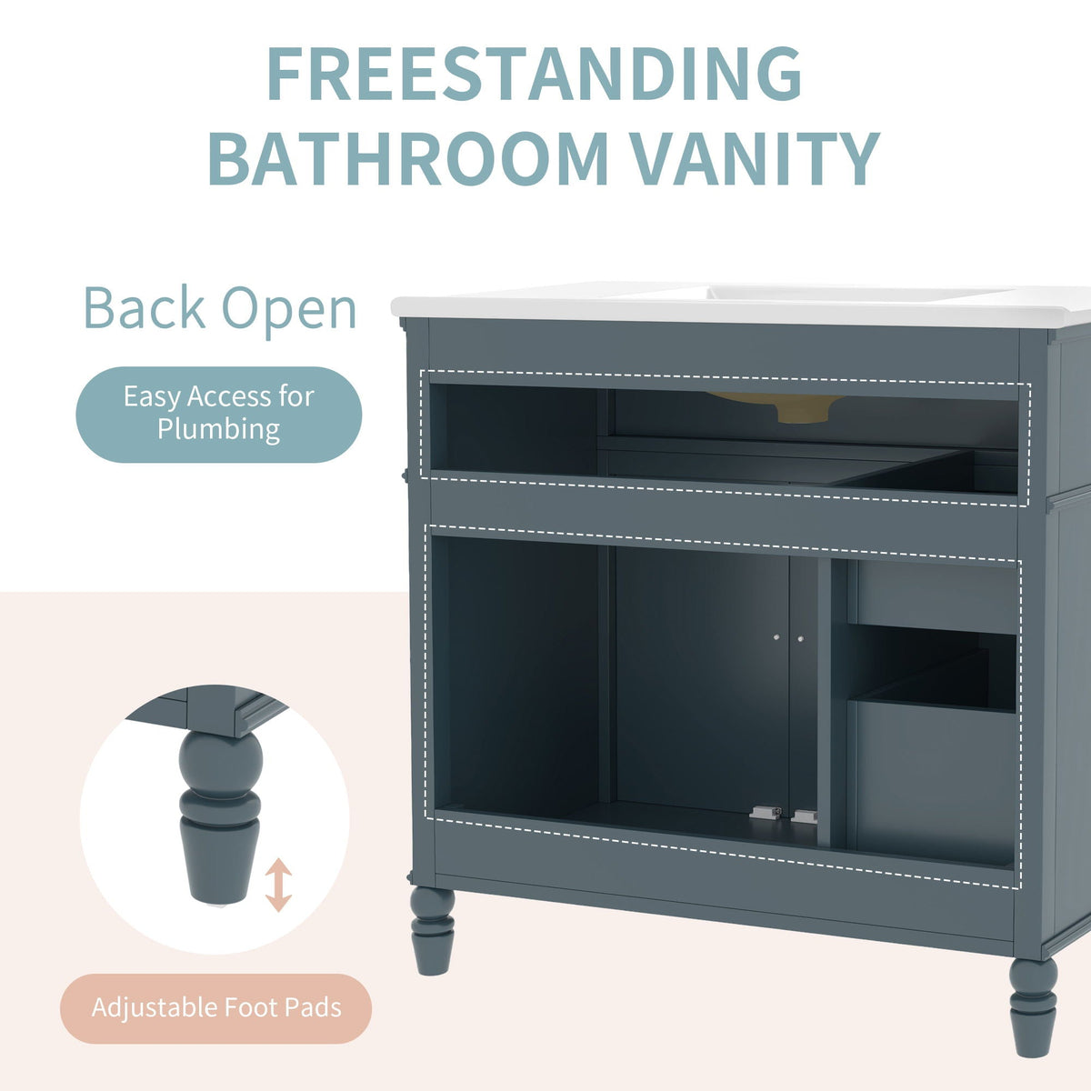 Bathroom vanity with sink and drawers in gray wood, white countertop, adjustable feet on Tampa Home & Garden Store