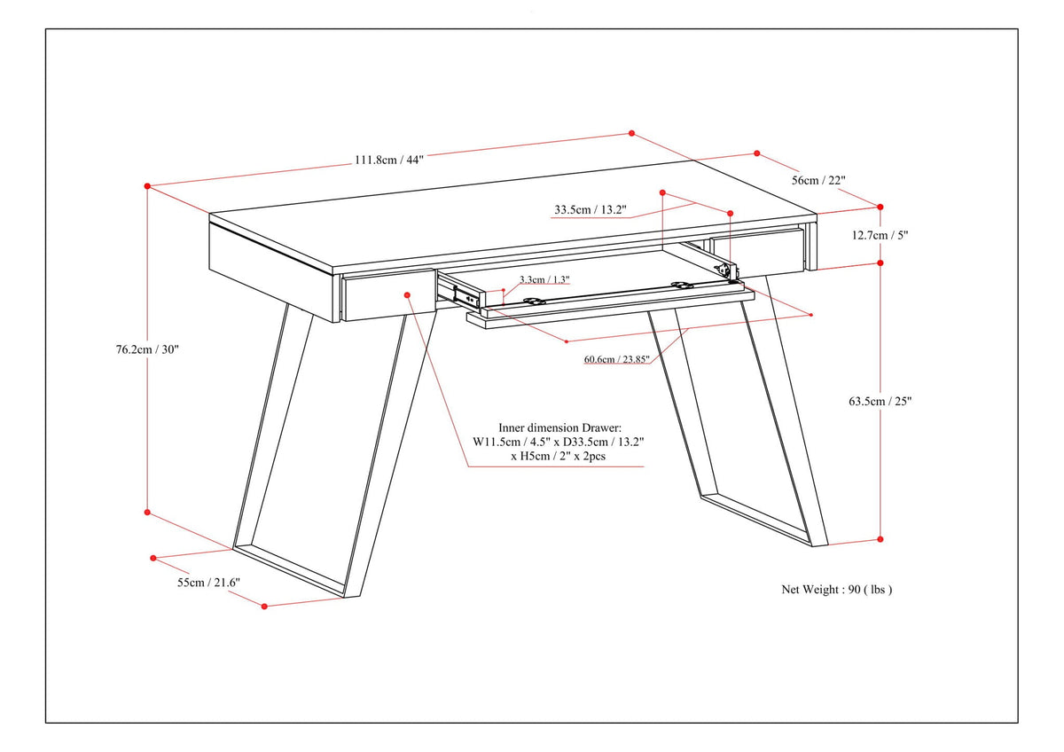 Handcrafted acacia writing desk with drawers; dimensioned line diagram and pull-out tray on Tampa Home & Garden Store