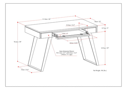 Handcrafted acacia writing desk with drawers; dimensioned line diagram and pull-out tray on Tampa Home & Garden Store