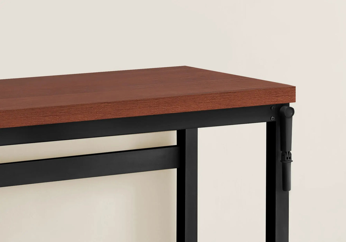 Computer desk with warm wood tabletop and black metal frame, adjustable standing height on Tampa Home & Garden Store