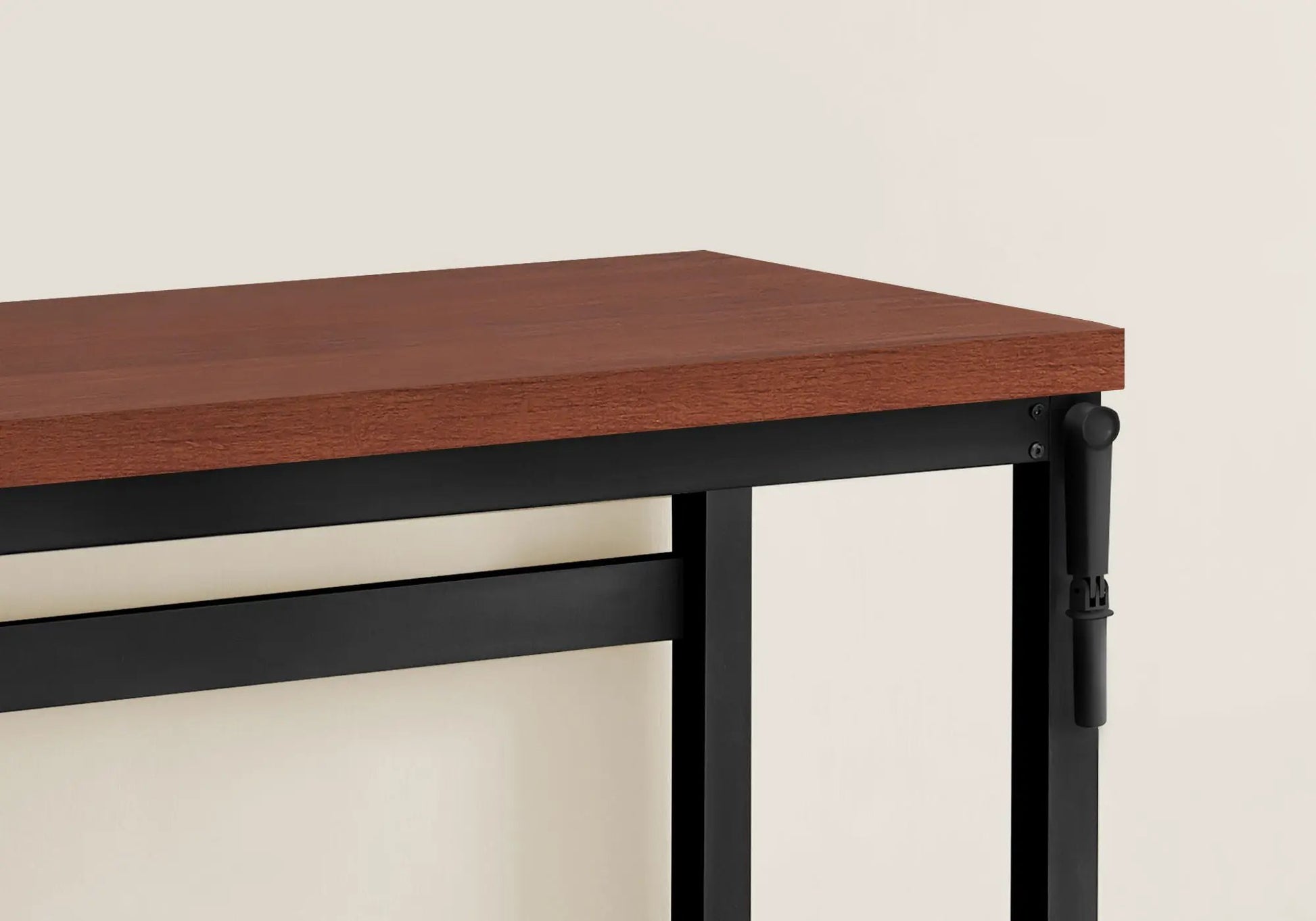 Computer desk with warm wood tabletop and black metal frame, adjustable standing height on Tampa Home & Garden Store