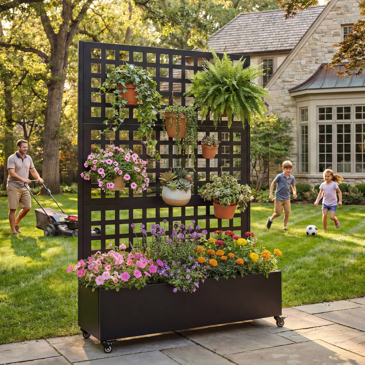 Black metal raised garden bed on wheels with trellis and hanging pots on Tampa Home & Garden Store