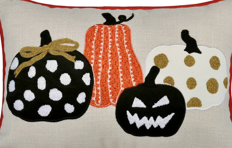 Embroidered Halloween pumpkin pillow, four pumpkins in black, orange, white and gold on Tampa Home & Garden Store
