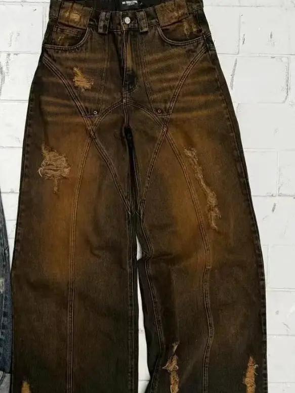 American High Street straight yellow mud-dyed jeans by FLIPSTYLEZLLC with ripped knees on Tampa Home & Garden Store