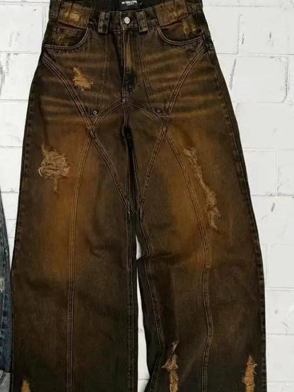 American High Street straight yellow mud-dyed jeans by FLIPSTYLEZLLC with ripped knees on Tampa Home & Garden Store