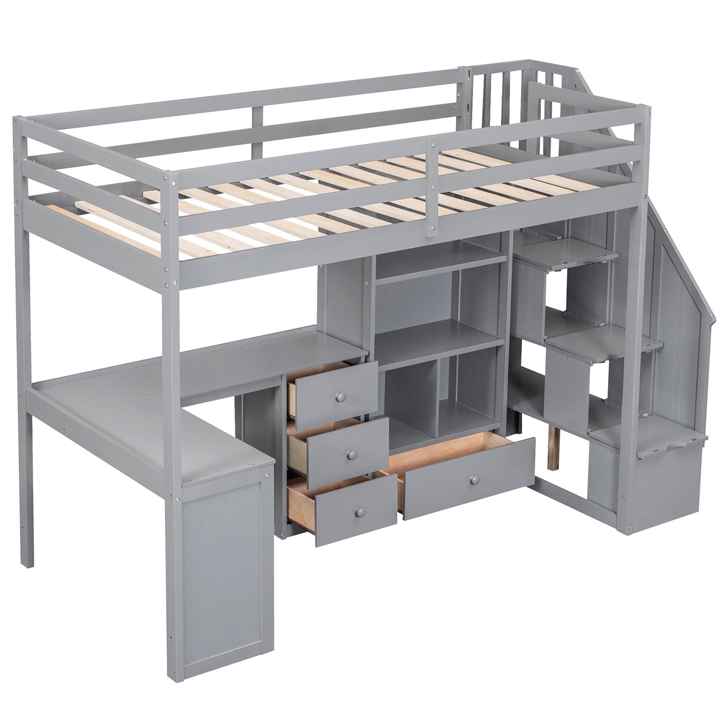 HouseOfZazla gray loft bed with built-in L-shaped desk, storage stairs and drawers on Tampa Home & Garden Store