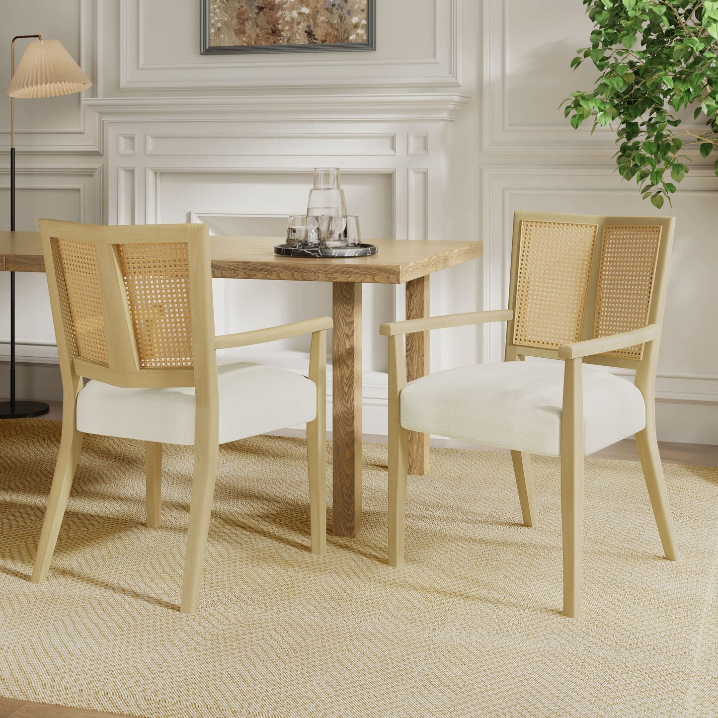 Mid Century Modern Arm Dining Chairs with rattan backrests in natural wood, cream seats, set of four on Tampa Home & Garden Store