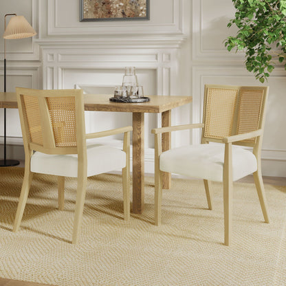 Mid Century Modern Arm Dining Chairs with rattan backrests in natural wood, cream seats, set of four on Tampa Home & Garden Store