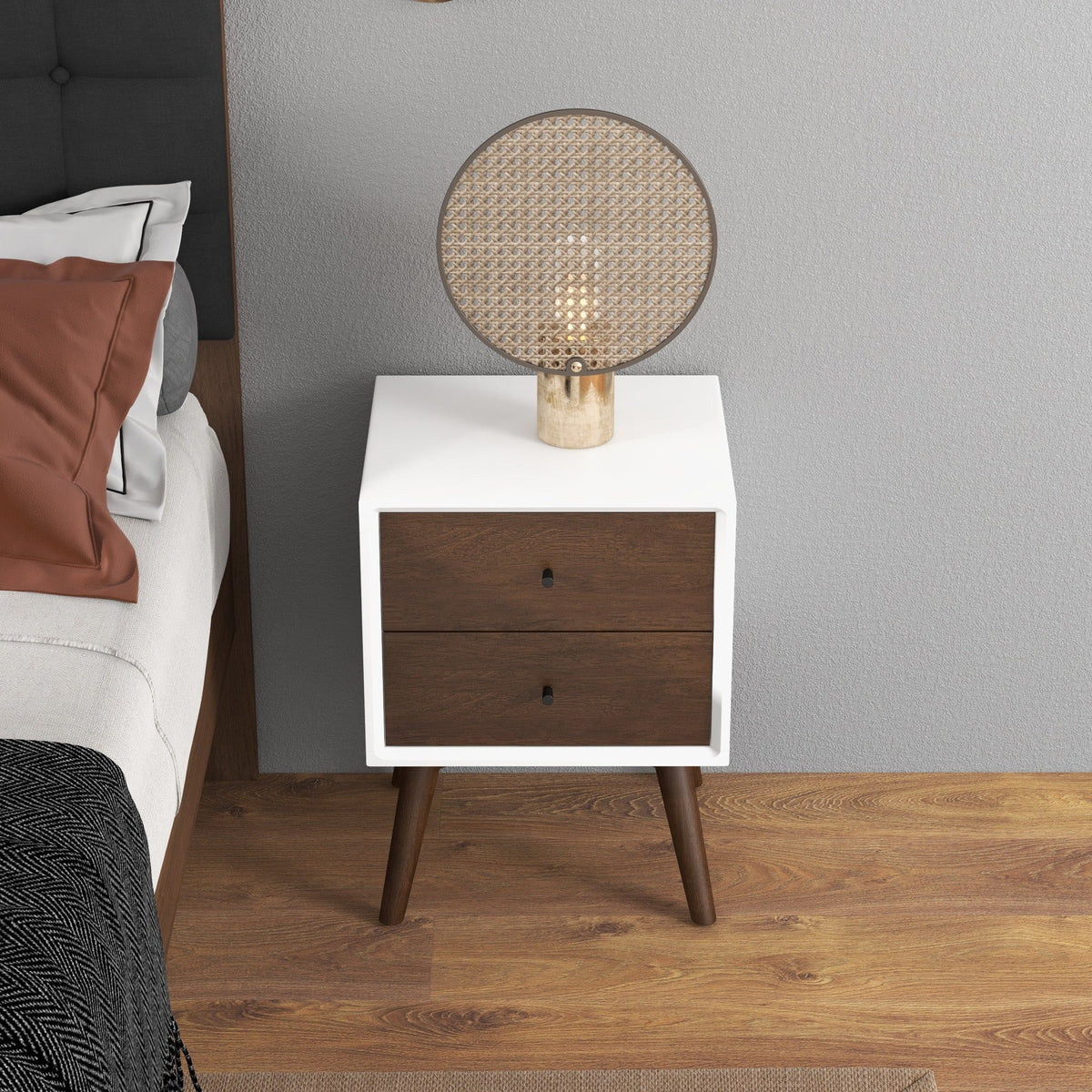 Mid-Century Night Stand with 2 Drawers in dark brown drawer fronts and white frame HouseOfZazla on Tampa Home & Garden Store