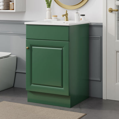 HouseOfZazla green bathroom vanity with white sink and brass faucet on Tampa Home & Garden Store