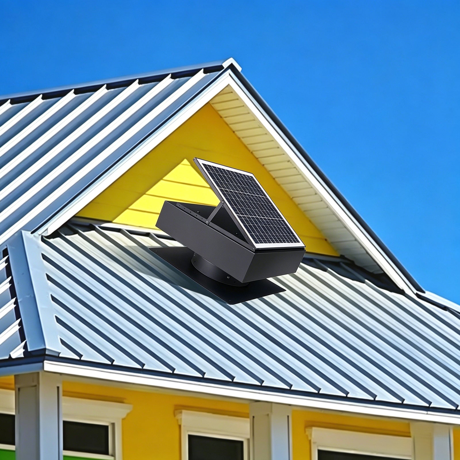 12in Solar Roof Vent Fan with 40W power attic exhaust, remote, auto start on yellow roof on Tampa Home & Garden Store