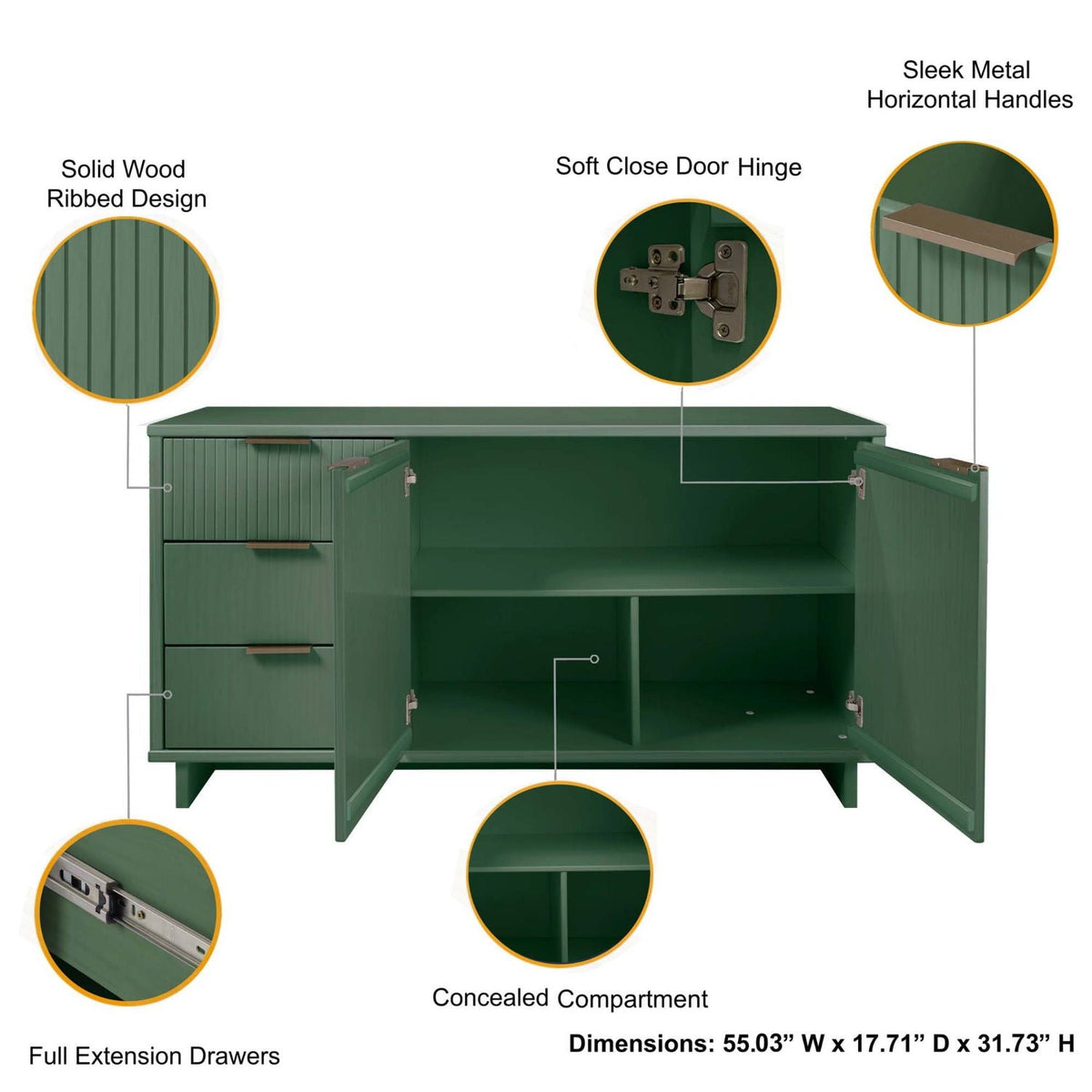 Granville sideboard by HouseOfZazla in green with full-extension drawers and ribbed panels on Tampa Home & Garden Store
