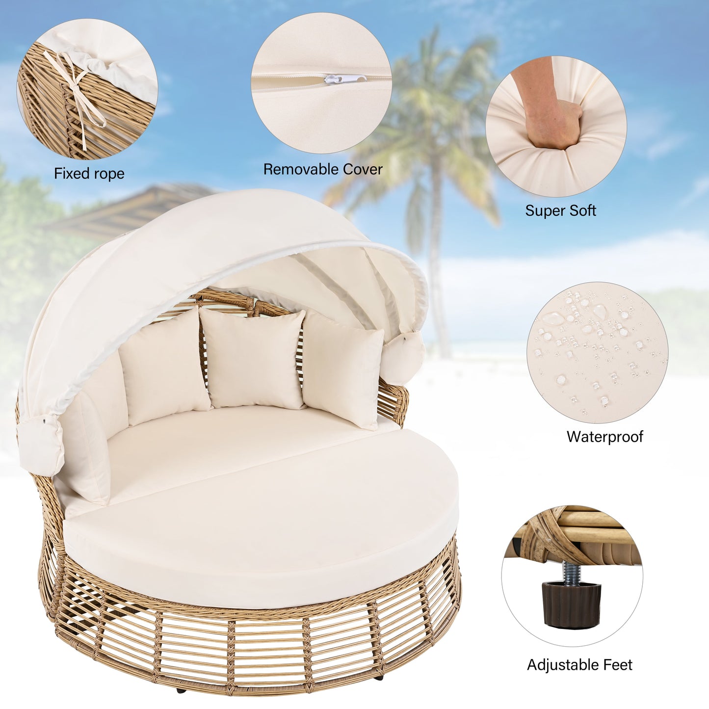 Patio Rattan Round Daybed and Retractable Canopy