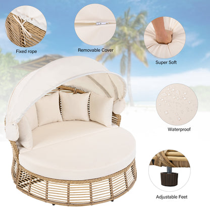 Patio Rattan Round Daybed and Retractable Canopy
