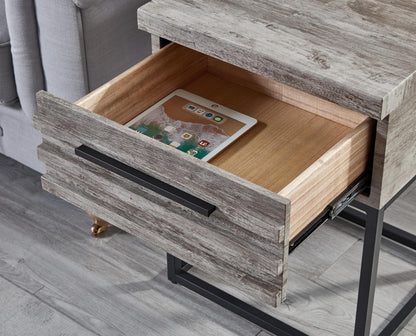 Astral 3-Piece Upholstered Bedroom Set nightstand drawer in weathered wood with tablet inside on Tampa Home & Garden Store