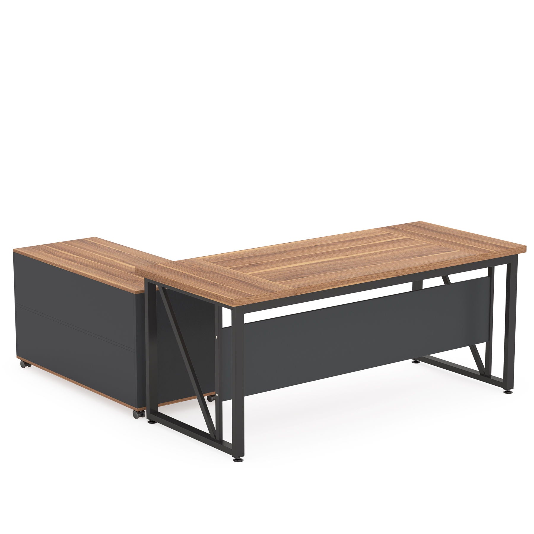 L-shaped executive desk brown wood top black metal frame for home office corner desk on Tampa Home & Garden Store